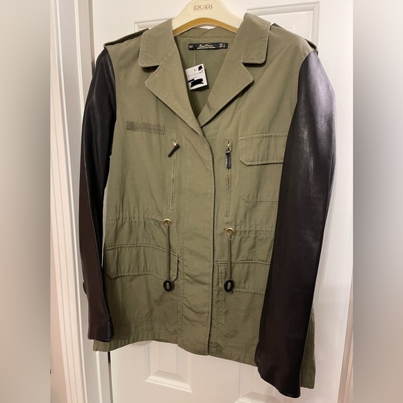 Zara Women Military style jacket. Army green w/black leather sleeves Size L NWT - Picture 1 of 7